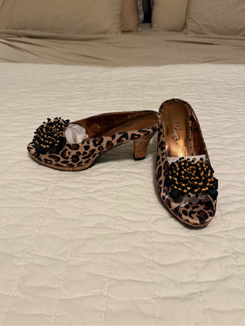 Velvet Leopard Print Peep-Toe Heels with Beaded Pom Accent